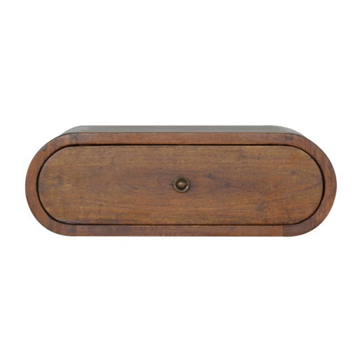 Comodino Sospeso Mini in Mango Massello Finitura Castagno con Cassetto Tondo