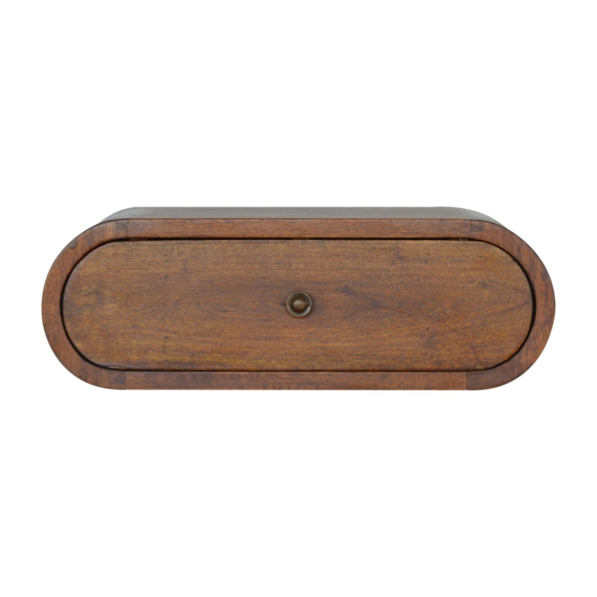 Comodino Sospeso Mini in Mango Massello Finitura Castagno con Cassetto Tondo