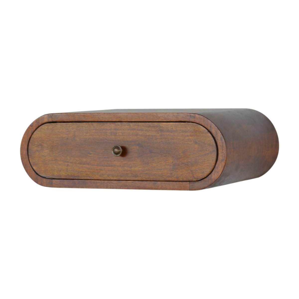 Comodino Sospeso Mini in Mango Massello Finitura Castagno con Cassetto Tondo