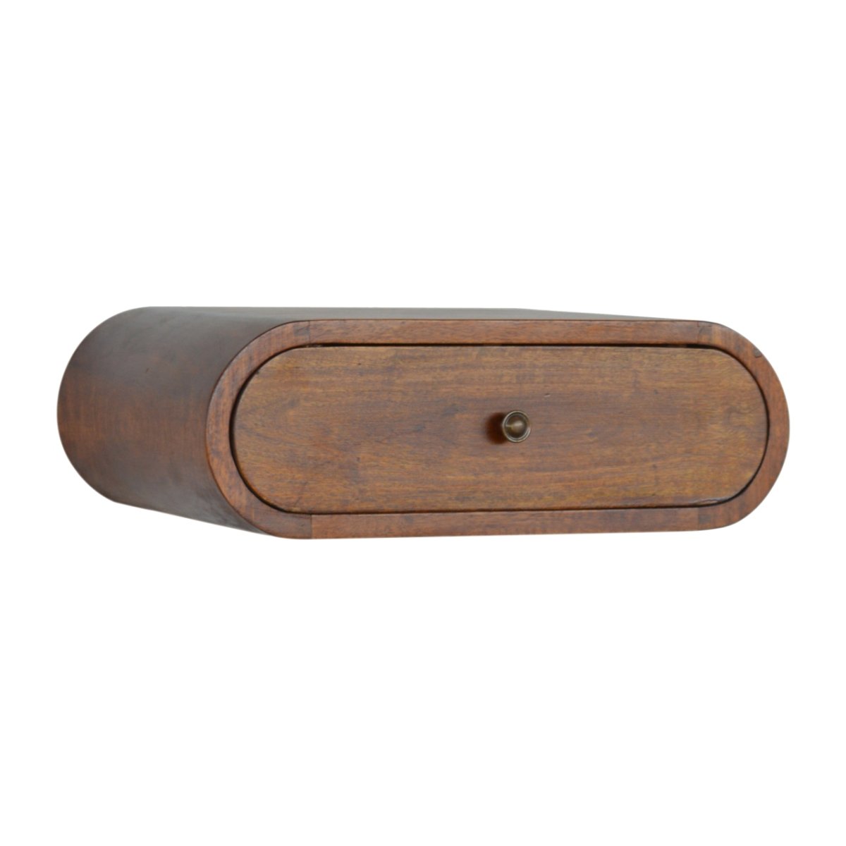 Comodino Sospeso Mini in Mango Massello Finitura Castagno con Cassetto Tondo