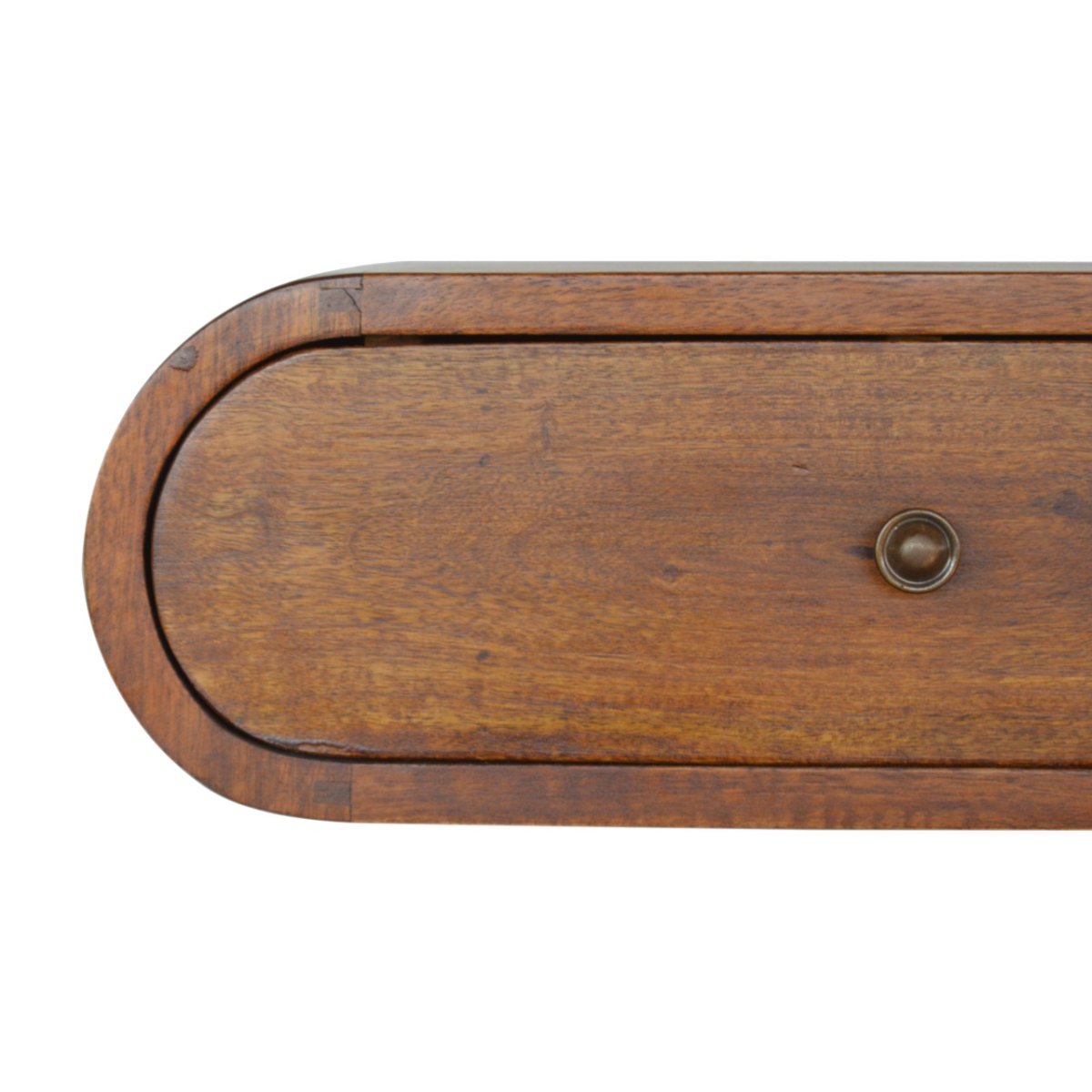 Comodino Sospeso Mini in Mango Massello Finitura Castagno con Cassetto Tondo