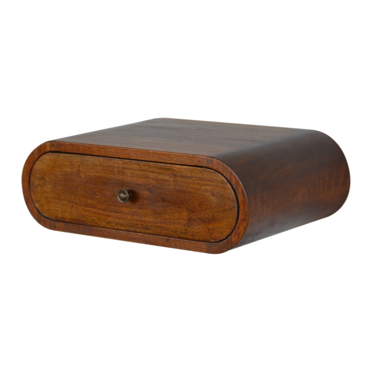 Comodino Sospeso Mini in Mango Massello Finitura Castagno con Cassetto Tondo