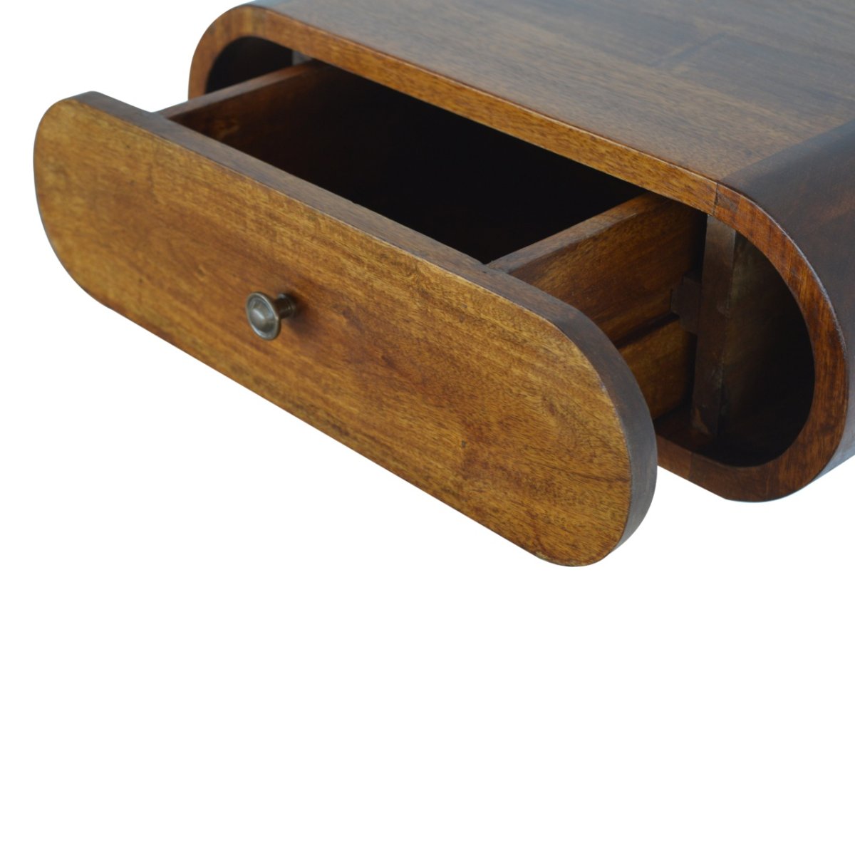 Comodino Sospeso Mini in Mango Massello Finitura Castagno con Cassetto Tondo