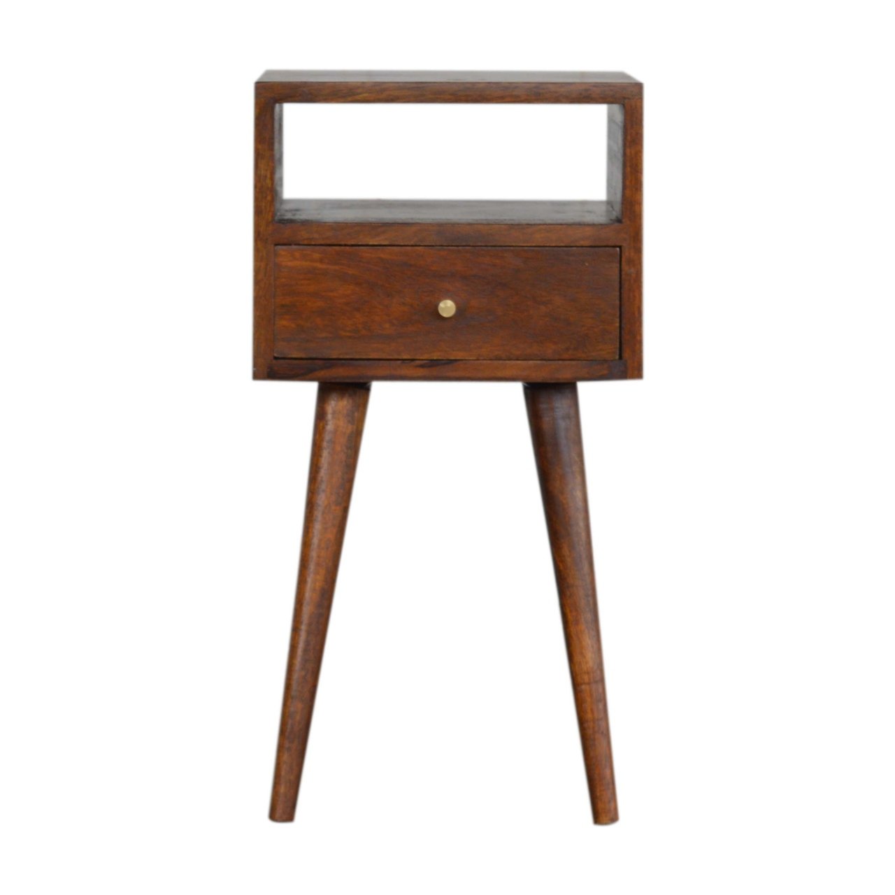Comodino Mini in Mango Massello Finitura Castagno con Cassetto e Gambe Nordic
