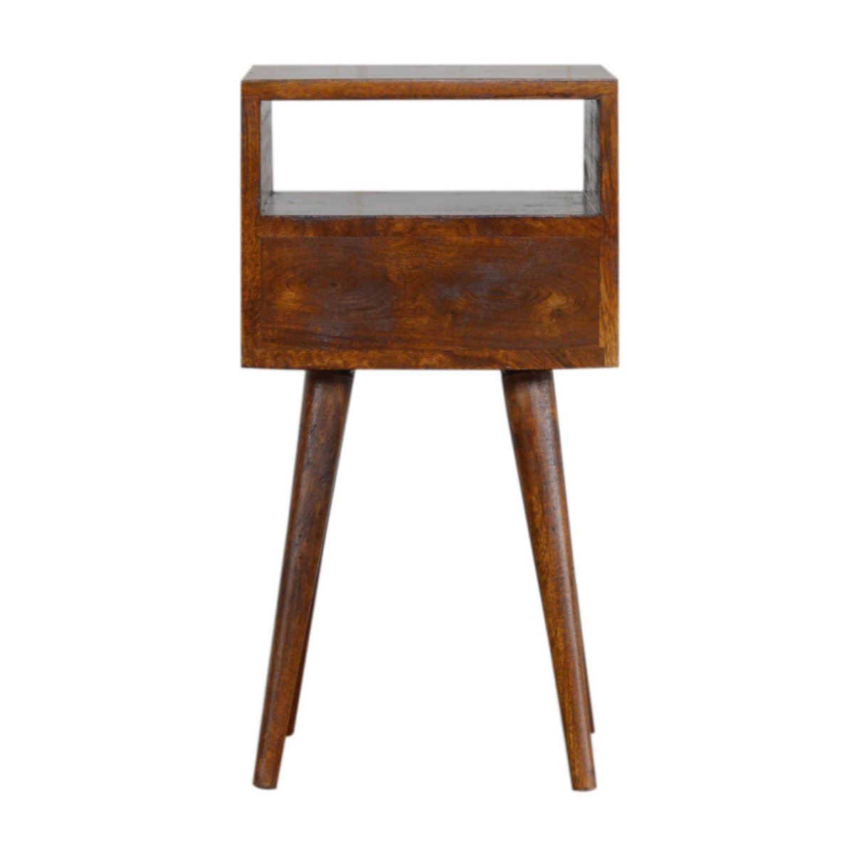 Comodino Mini in Mango Massello Finitura Castagno con Cassetto e Gambe Nordic