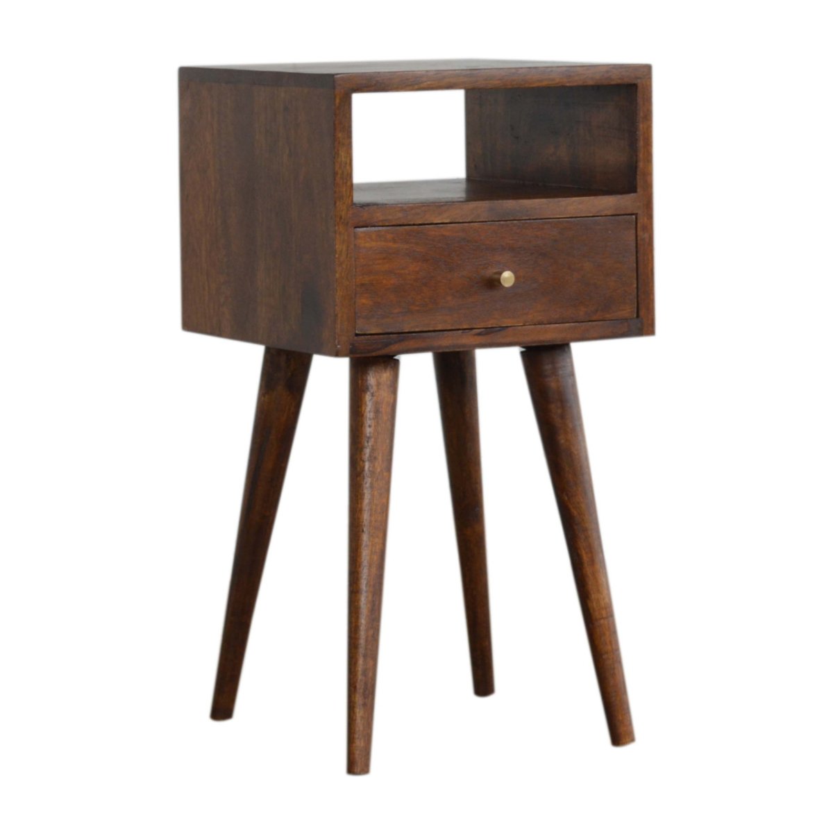 Comodino Mini in Mango Massello Finitura Castagno con Cassetto e Gambe Nordic