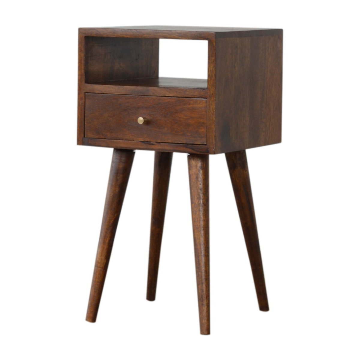 Comodino Mini in Mango Massello Finitura Castagno con Cassetto e Gambe Nordic