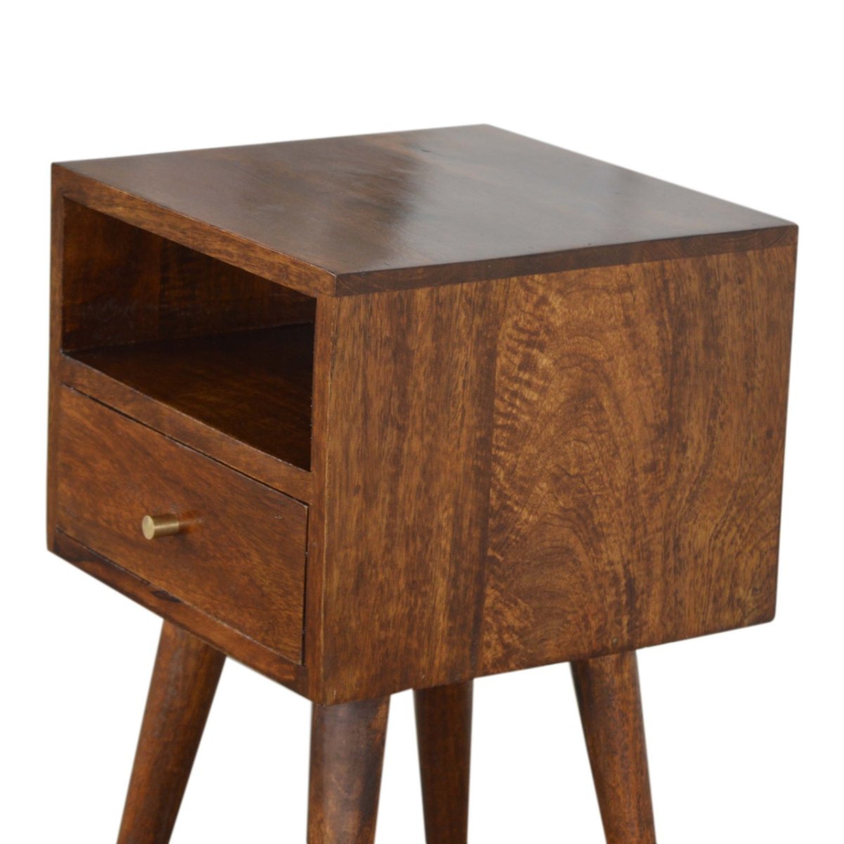 Comodino Mini in Mango Massello Finitura Castagno con Cassetto e Gambe Nordic