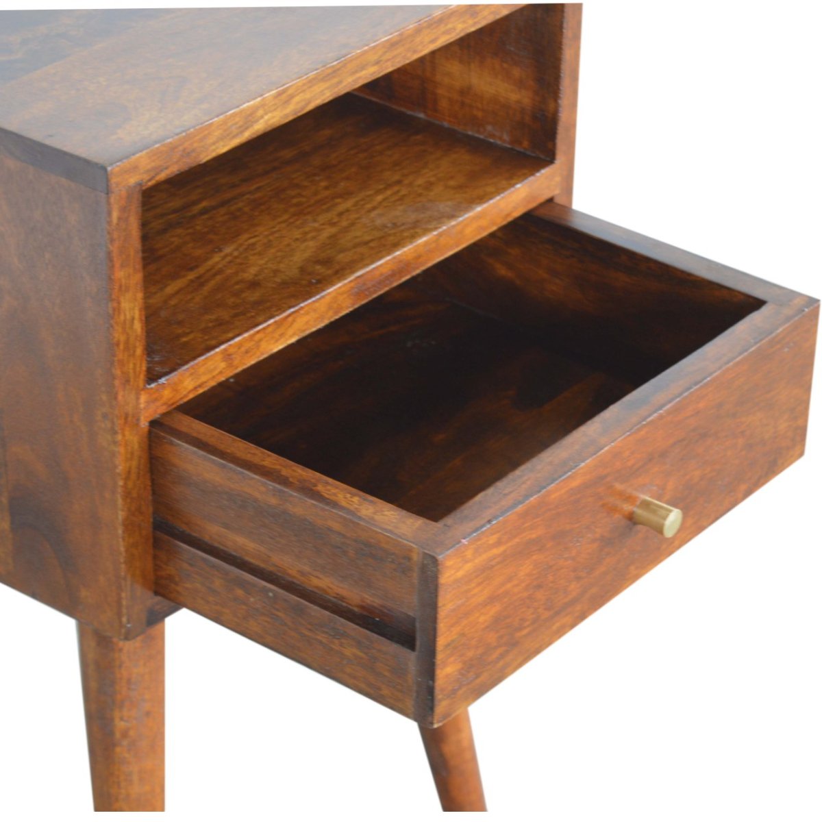 Comodino Mini in Mango Massello Finitura Castagno con Cassetto e Gambe Nordic