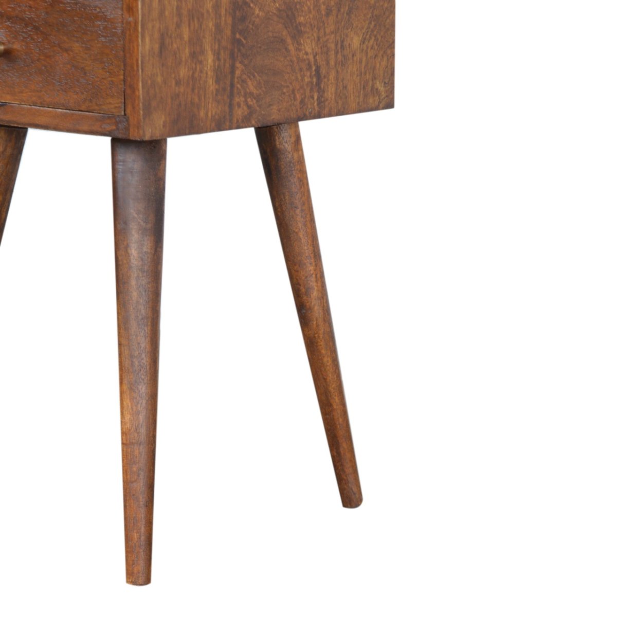 Comodino Mini in Mango Massello Finitura Castagno con Cassetto e Gambe Nordic