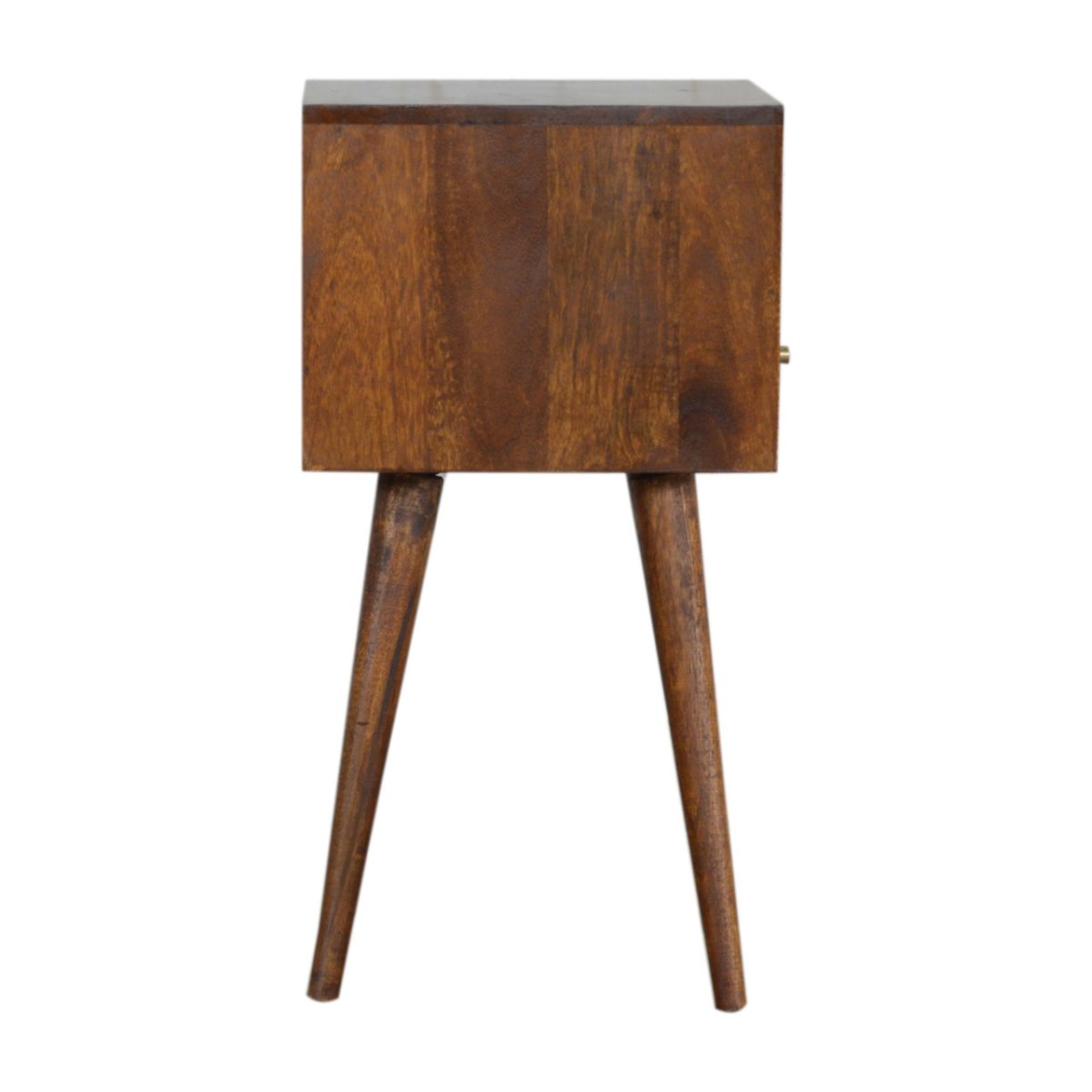 Comodino Mini in Mango Massello Finitura Castagno con Cassetto e Gambe Nordic