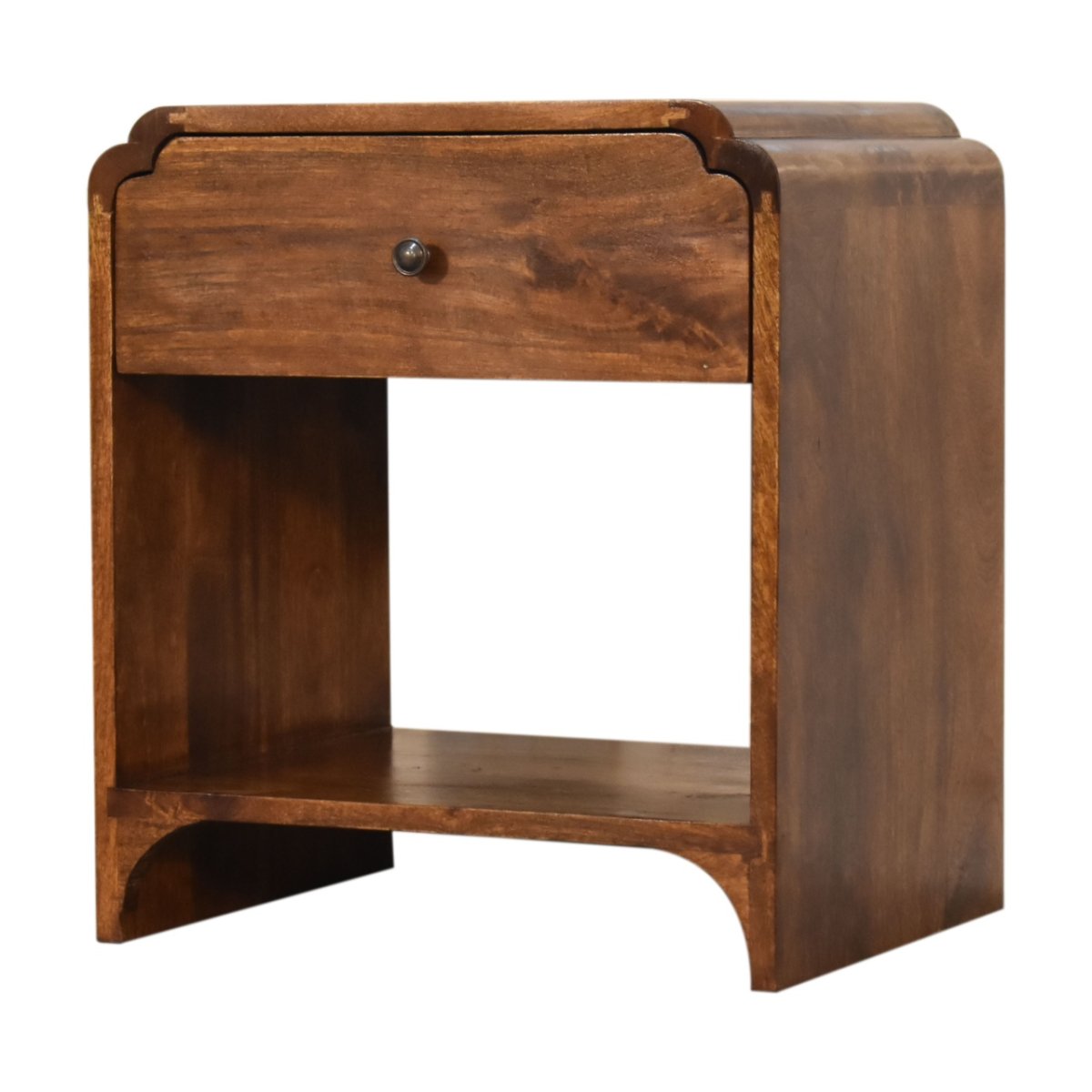 Comodino in Mango Massello Finitura Castagno con Cassetto, Ripiano e Pomolo in Ottone