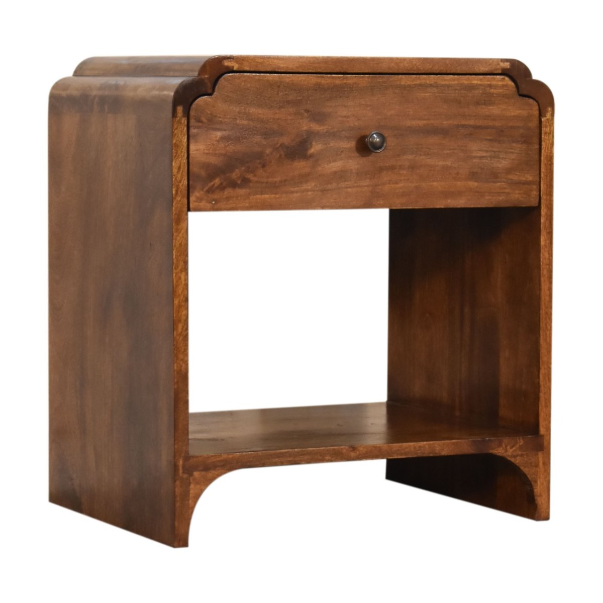 Comodino in Mango Massello Finitura Castagno con Cassetto, Ripiano e Pomolo in Ottone