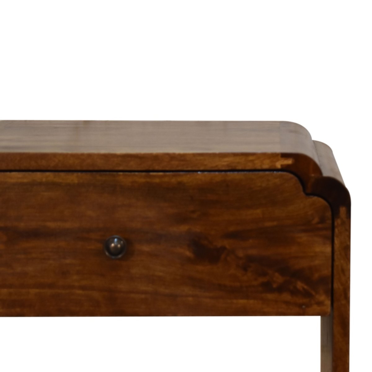 Comodino in Mango Massello Finitura Castagno con Cassetto, Ripiano e Pomolo in Ottone