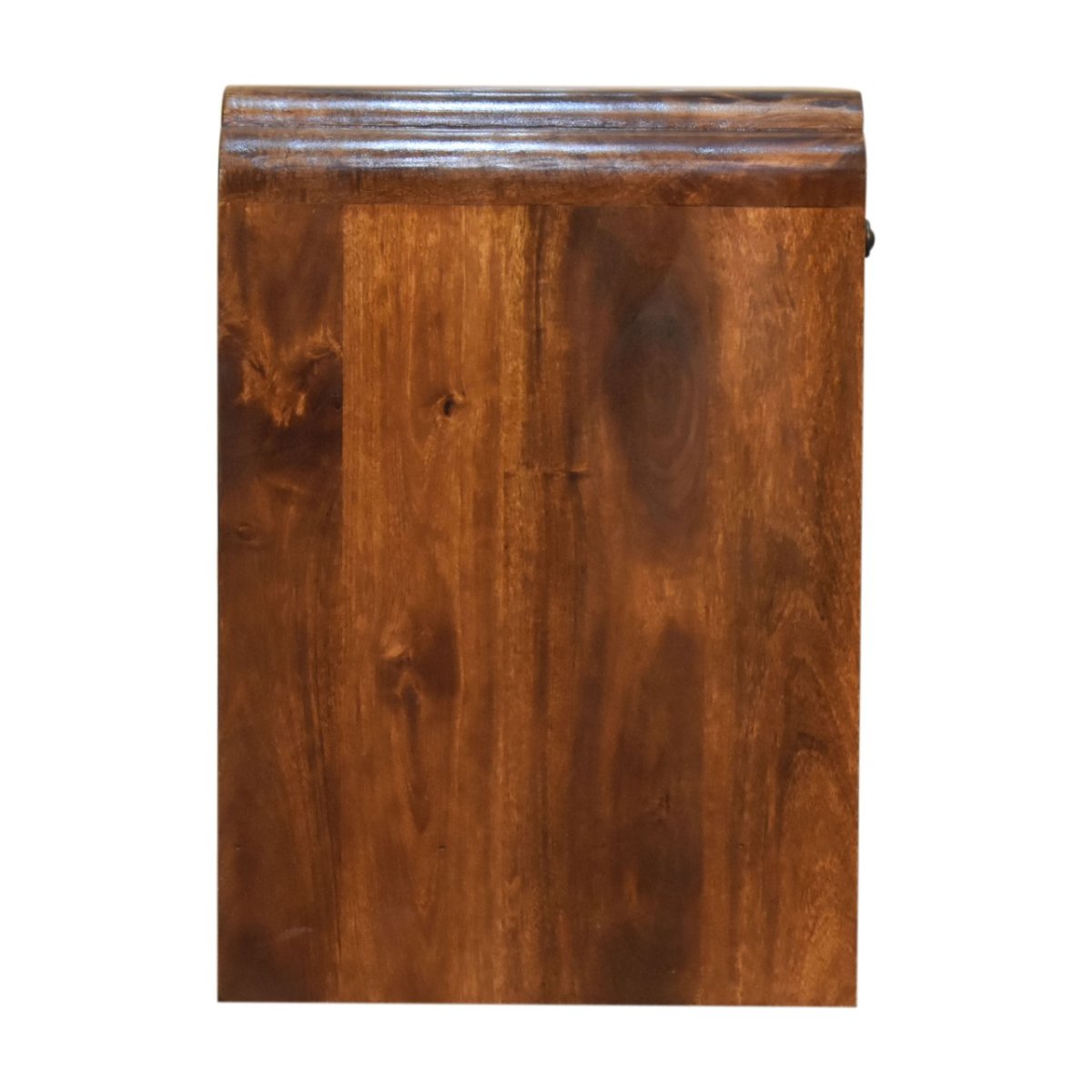 Comodino in Mango Massello Finitura Castagno con Cassetto, Ripiano e Pomolo in Ottone