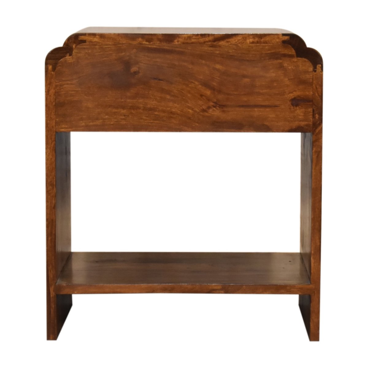 Comodino in Mango Massello Finitura Castagno con Cassetto, Ripiano e Pomolo in Ottone