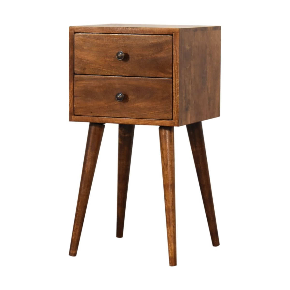 Comodino Mini in Mango Massello Finitura Castagno con 2 Cassetti e Gambe Scandinave