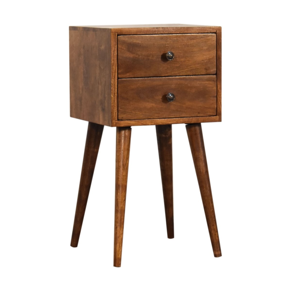 Comodino Mini in Mango Massello Finitura Castagno con 2 Cassetti e Gambe Scandinave