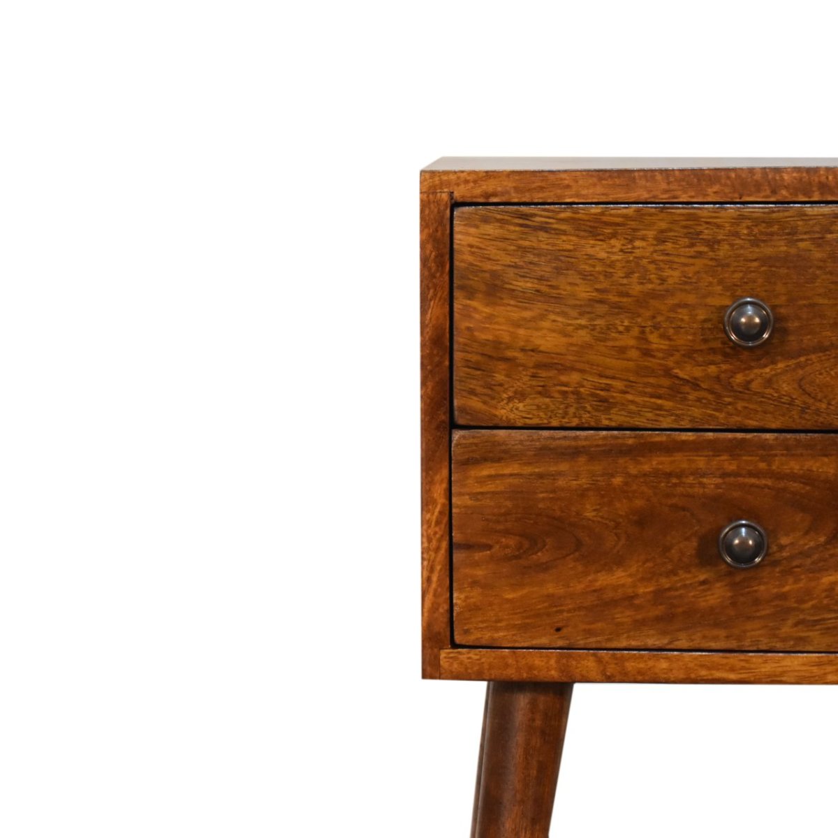 Comodino Mini in Mango Massello Finitura Castagno con 2 Cassetti e Gambe Scandinave