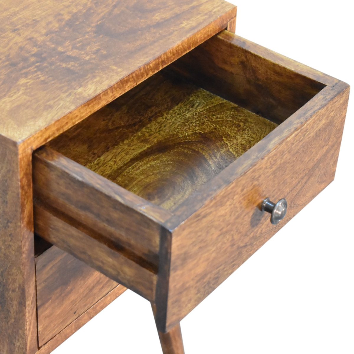 Comodino Mini in Mango Massello Finitura Castagno con 2 Cassetti e Gambe Scandinave