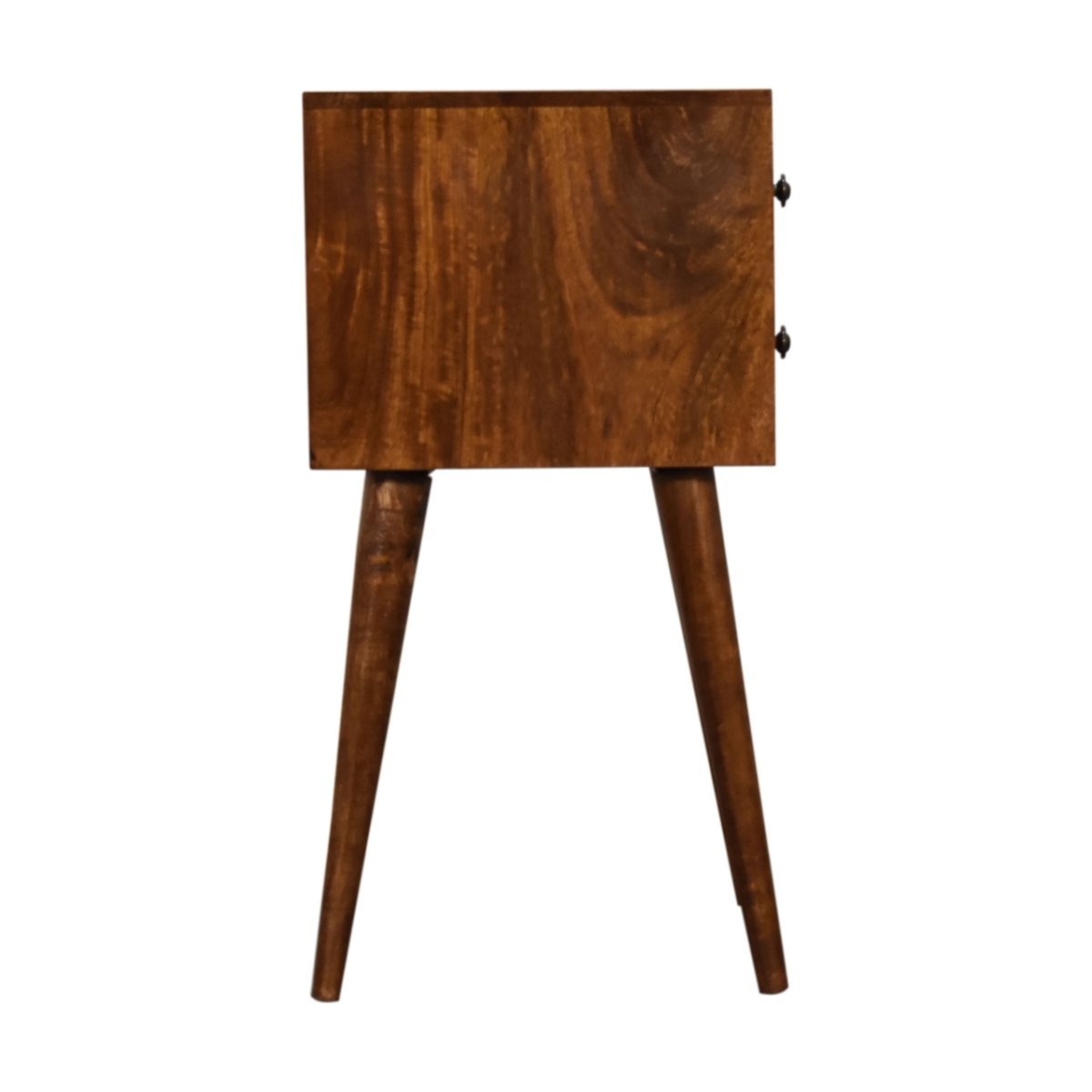 Comodino Mini in Mango Massello Finitura Castagno con 2 Cassetti e Gambe Scandinave