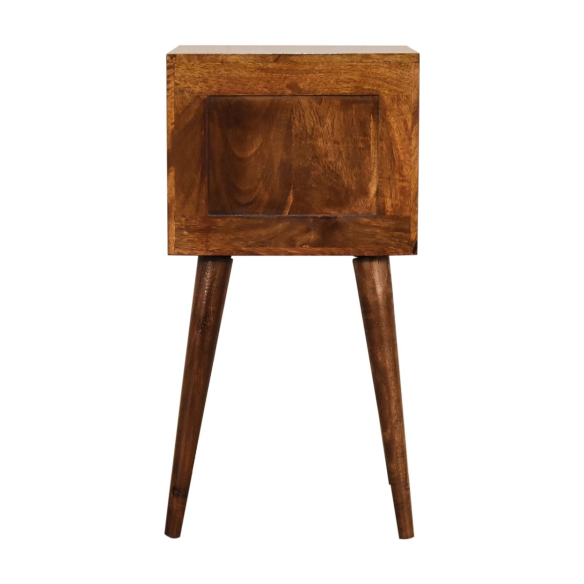 Comodino Mini in Mango Massello Finitura Castagno con 2 Cassetti e Gambe Scandinave