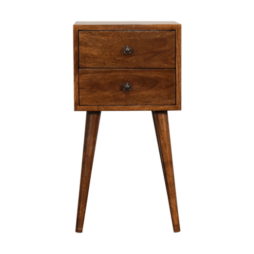 Comodino Mini in Mango Massello Finitura Castagno con 2 Cassetti e Gambe Scandinave