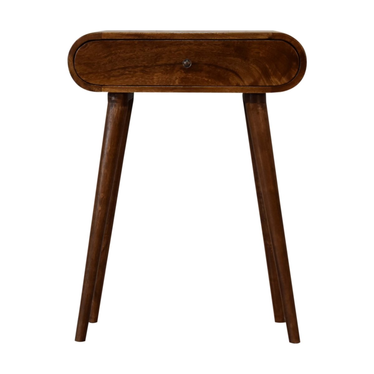 Consolle Mini in Mango Massello Finitura Castagno con 2 Cassetti, Pomoli Lucidi e Gambe Nordic