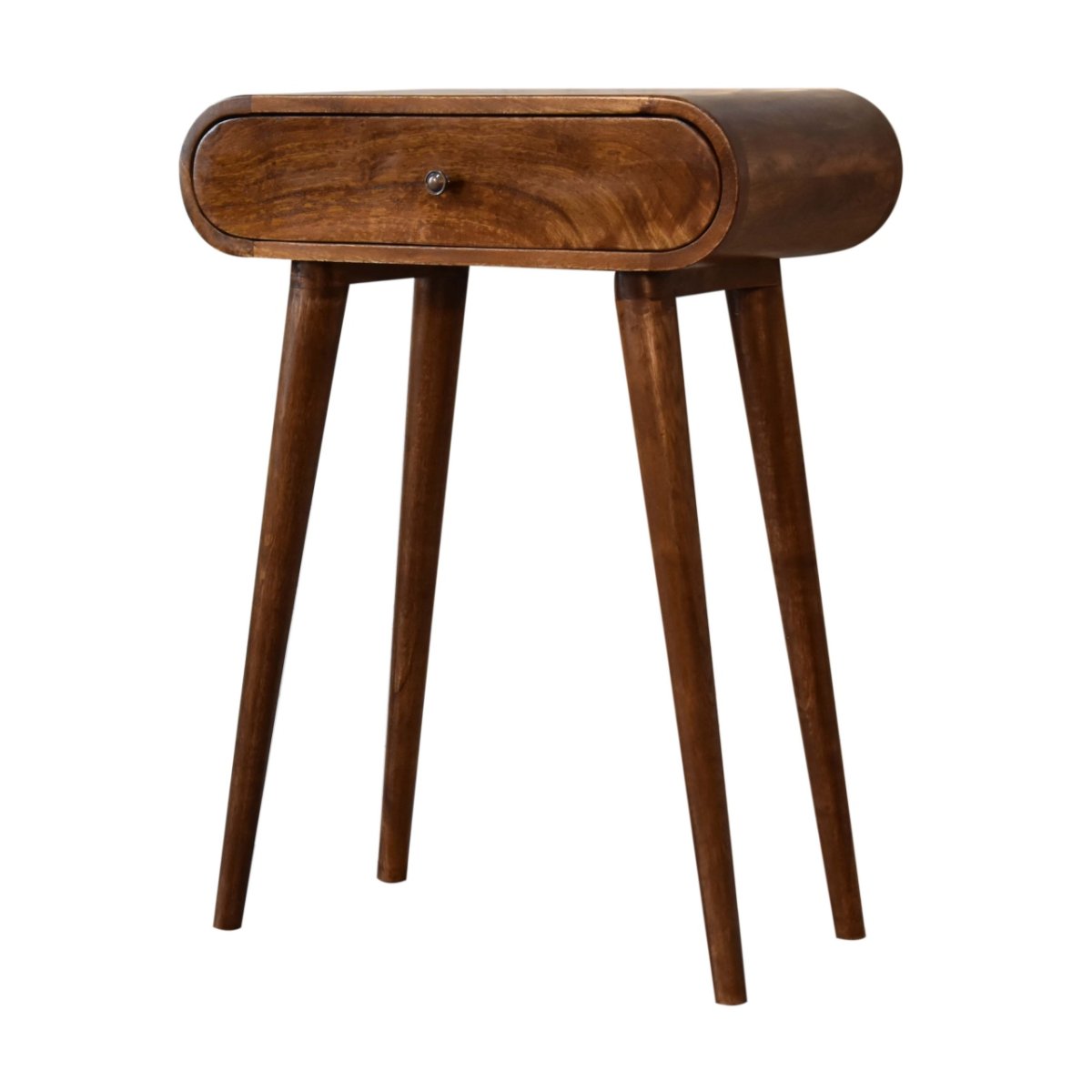 Consolle Mini in Mango Massello Finitura Castagno con 2 Cassetti, Pomoli Lucidi e Gambe Nordic