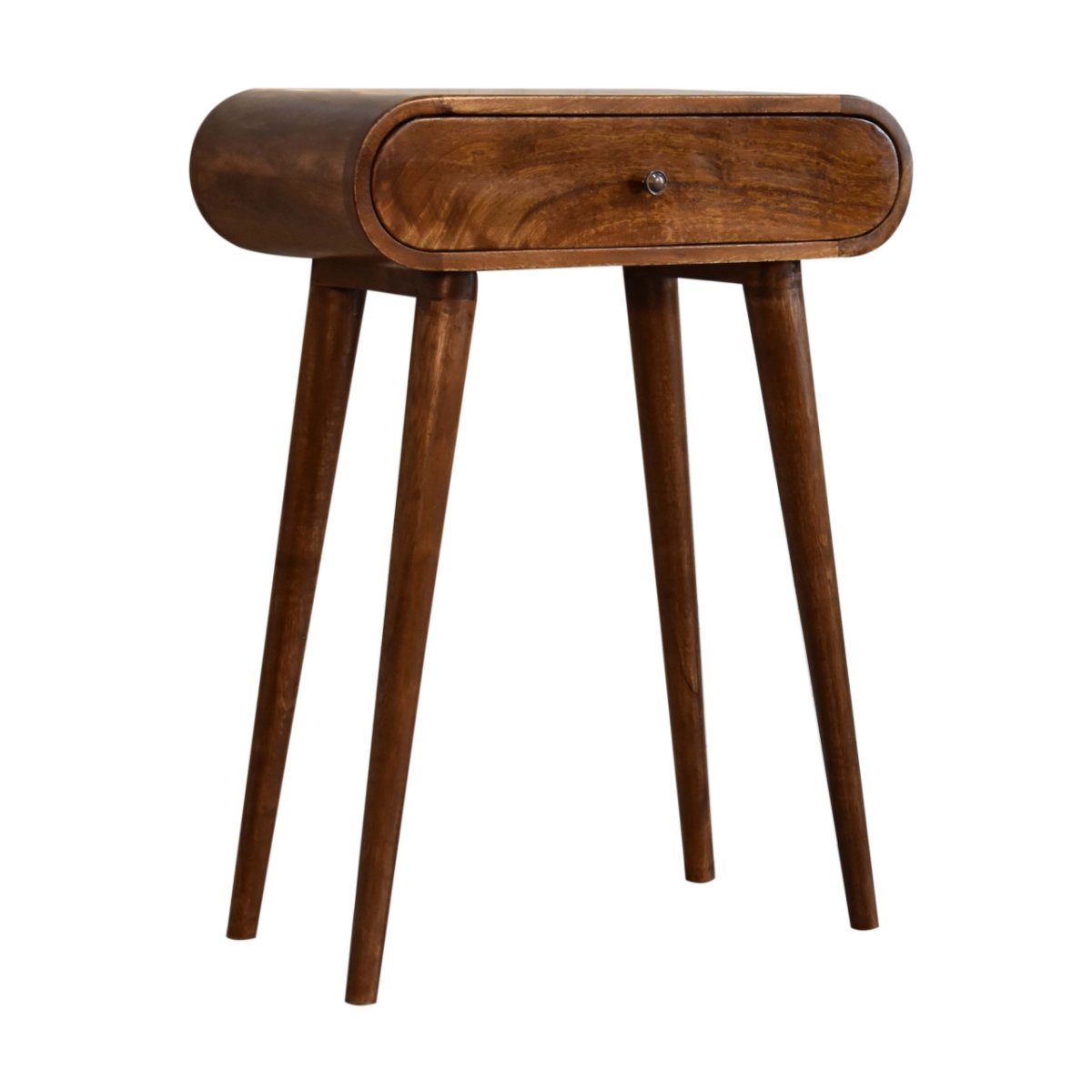 Consolle Mini in Mango Massello Finitura Castagno con 2 Cassetti, Pomoli Lucidi e Gambe Nordic