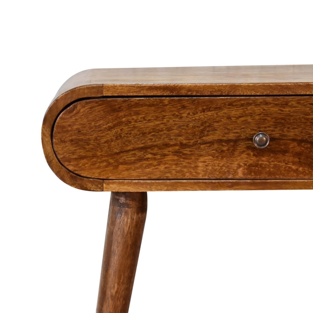 Consolle Mini in Mango Massello Finitura Castagno con 2 Cassetti, Pomoli Lucidi e Gambe Nordic