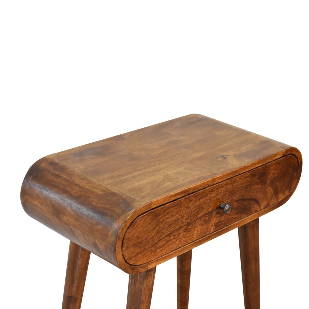 Consolle Mini in Mango Massello Finitura Castagno con 2 Cassetti, Pomoli Lucidi e Gambe Nordic