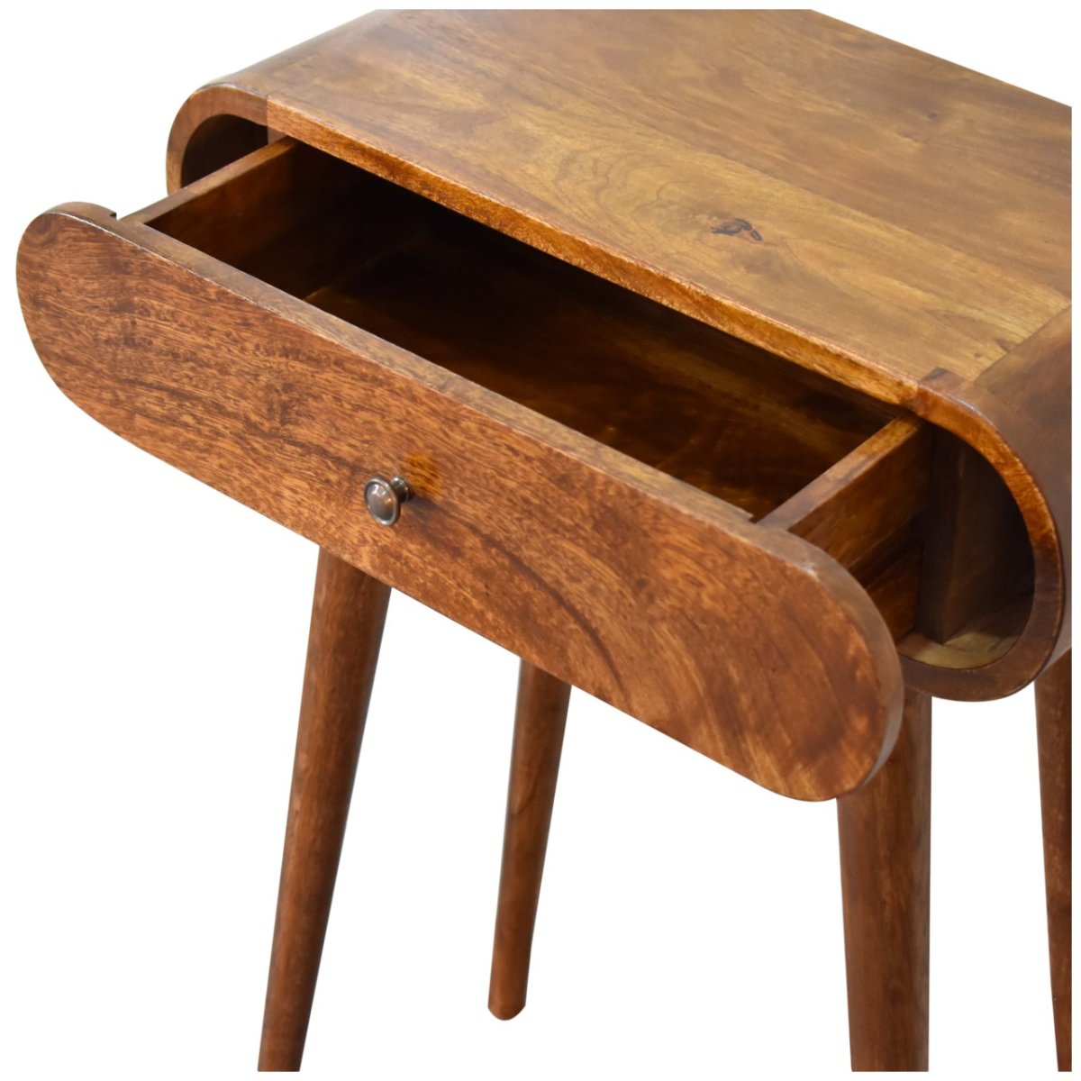 Consolle Mini in Mango Massello Finitura Castagno con 2 Cassetti, Pomoli Lucidi e Gambe Nordic