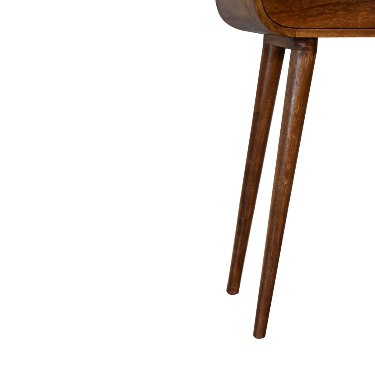Consolle Mini in Mango Massello Finitura Castagno con 2 Cassetti, Pomoli Lucidi e Gambe Nordic