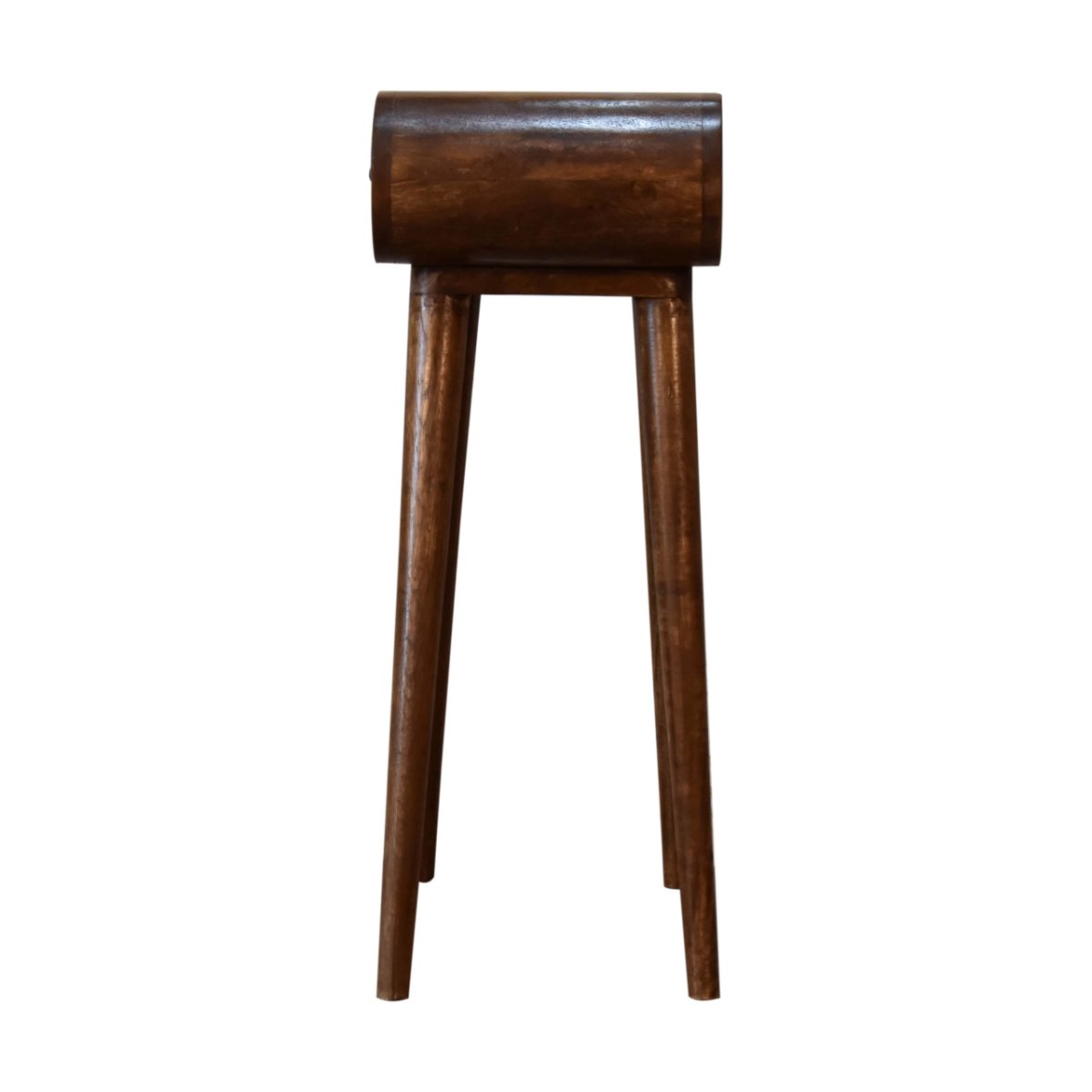 Consolle Mini in Mango Massello Finitura Castagno con 2 Cassetti, Pomoli Lucidi e Gambe Nordic