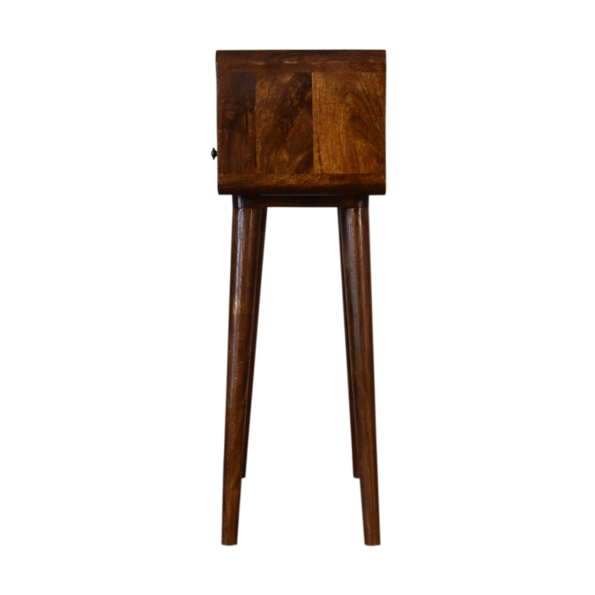 Consolle Mini in Mango Massello Finitura Castagno con 2 Cassetti e Bordi Curvi — Gambe Nordic