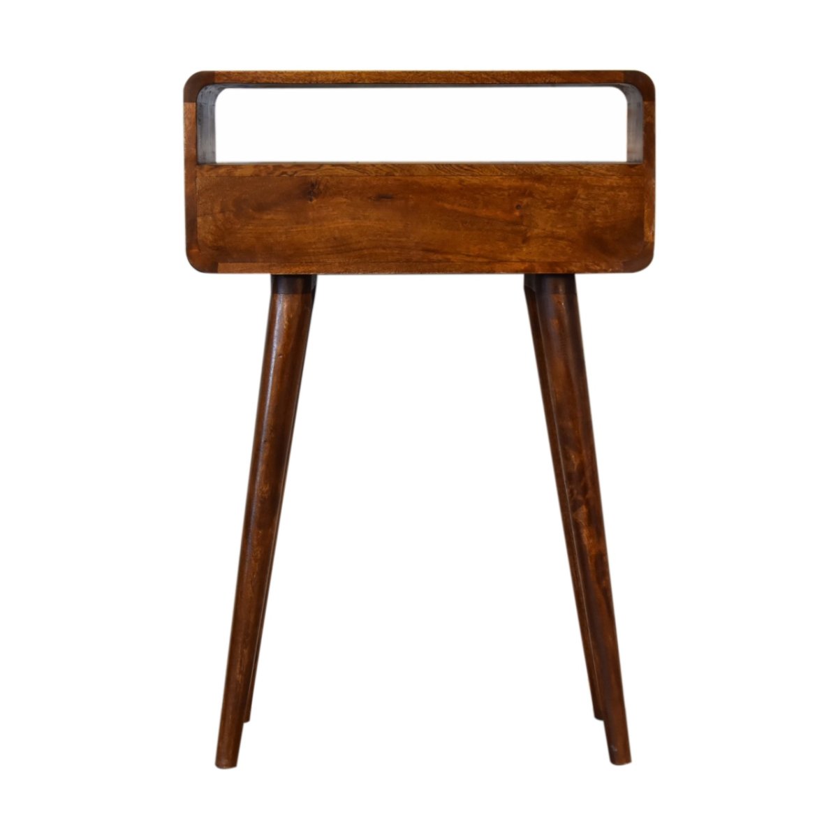 Consolle Mini in Mango Massello Finitura Castagno con 2 Cassetti e Bordi Curvi — Gambe Nordic