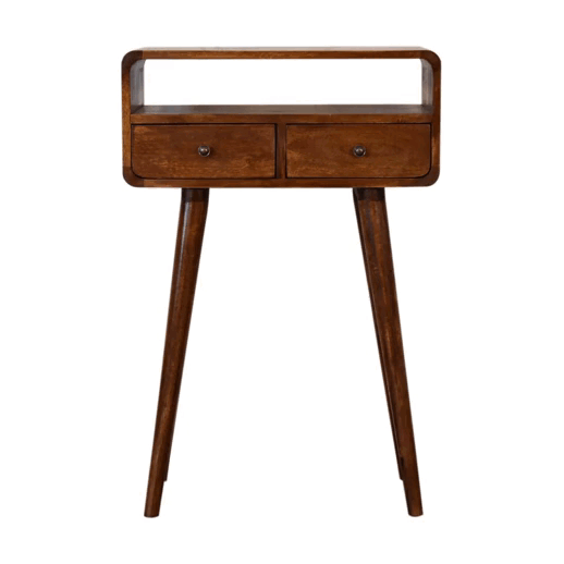 Consolle Mini in Mango Massello Finitura Castagno con 2 Cassetti e Bordi Curvi — Gambe Nordic