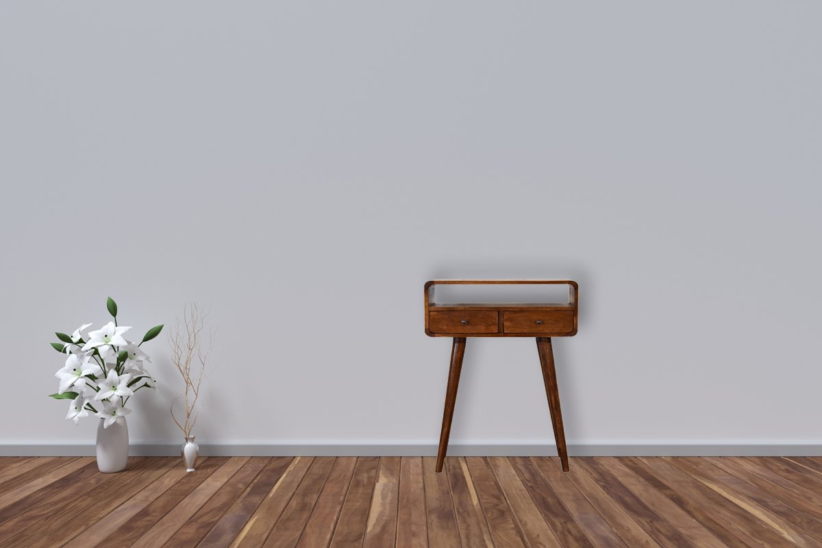 Consolle Mini in Mango Massello Finitura Castagno con 2 Cassetti e Bordi Curvi — Gambe Nordic