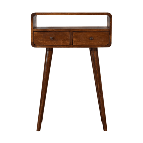 Consolle Mini in Mango Massello Finitura Castagno con 2 Cassetti e Bordi Curvi — Gambe Nordic