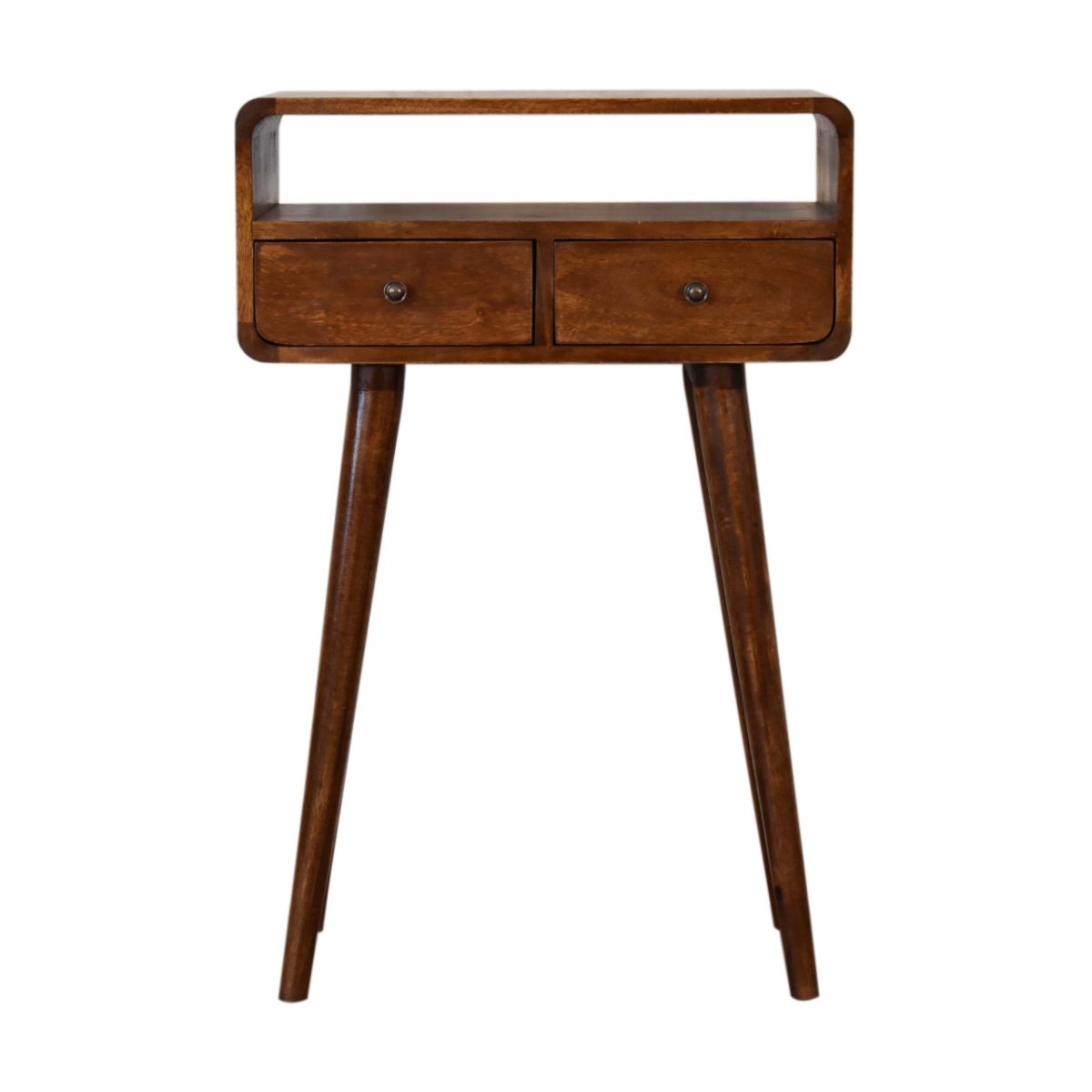 Consolle Mini in Mango Massello Finitura Castagno con 2 Cassetti e Bordi Curvi — Gambe Nordic