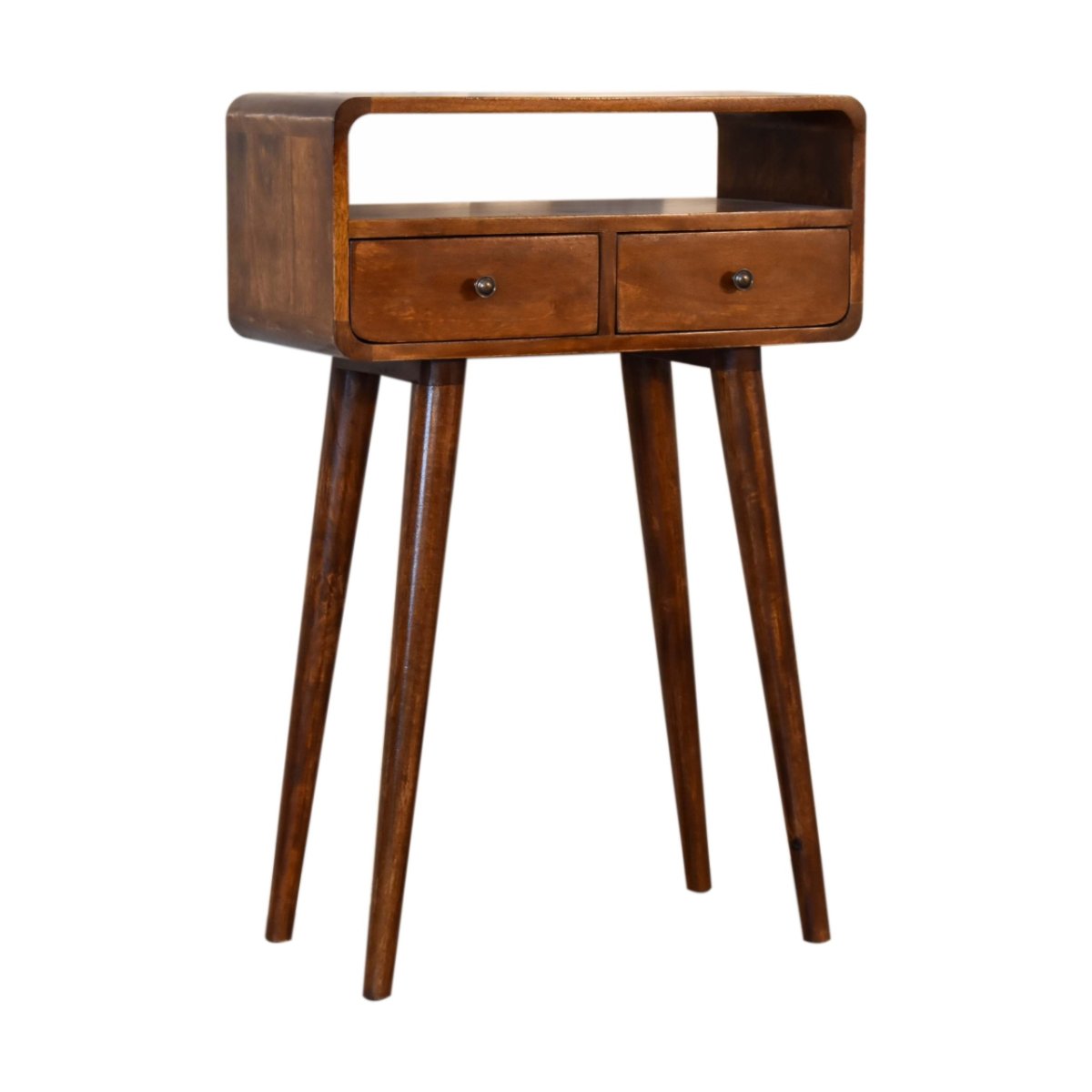 Consolle Mini in Mango Massello Finitura Castagno con 2 Cassetti e Bordi Curvi — Gambe Nordic