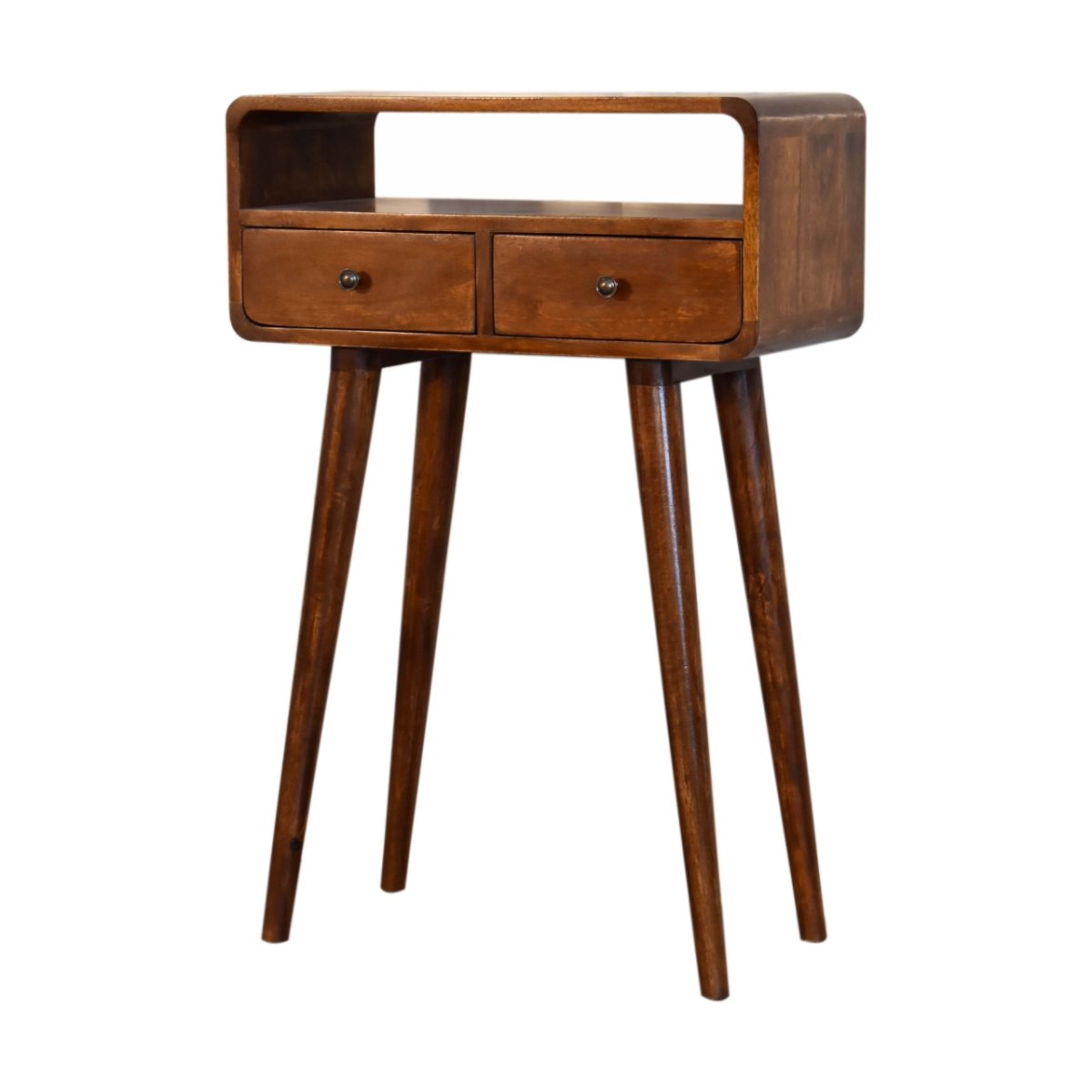 Consolle Mini in Mango Massello Finitura Castagno con 2 Cassetti e Bordi Curvi — Gambe Nordic