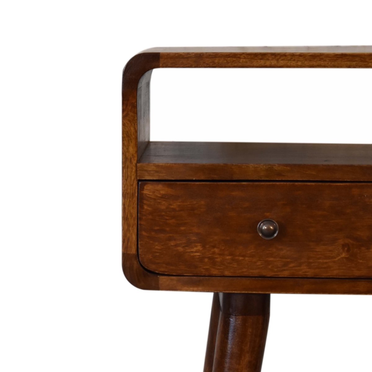 Consolle Mini in Mango Massello Finitura Castagno con 2 Cassetti e Bordi Curvi — Gambe Nordic