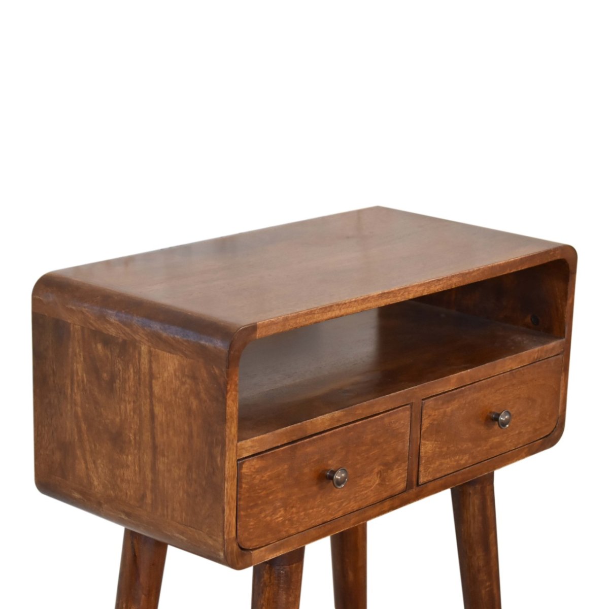 Consolle Mini in Mango Massello Finitura Castagno con 2 Cassetti e Bordi Curvi — Gambe Nordic