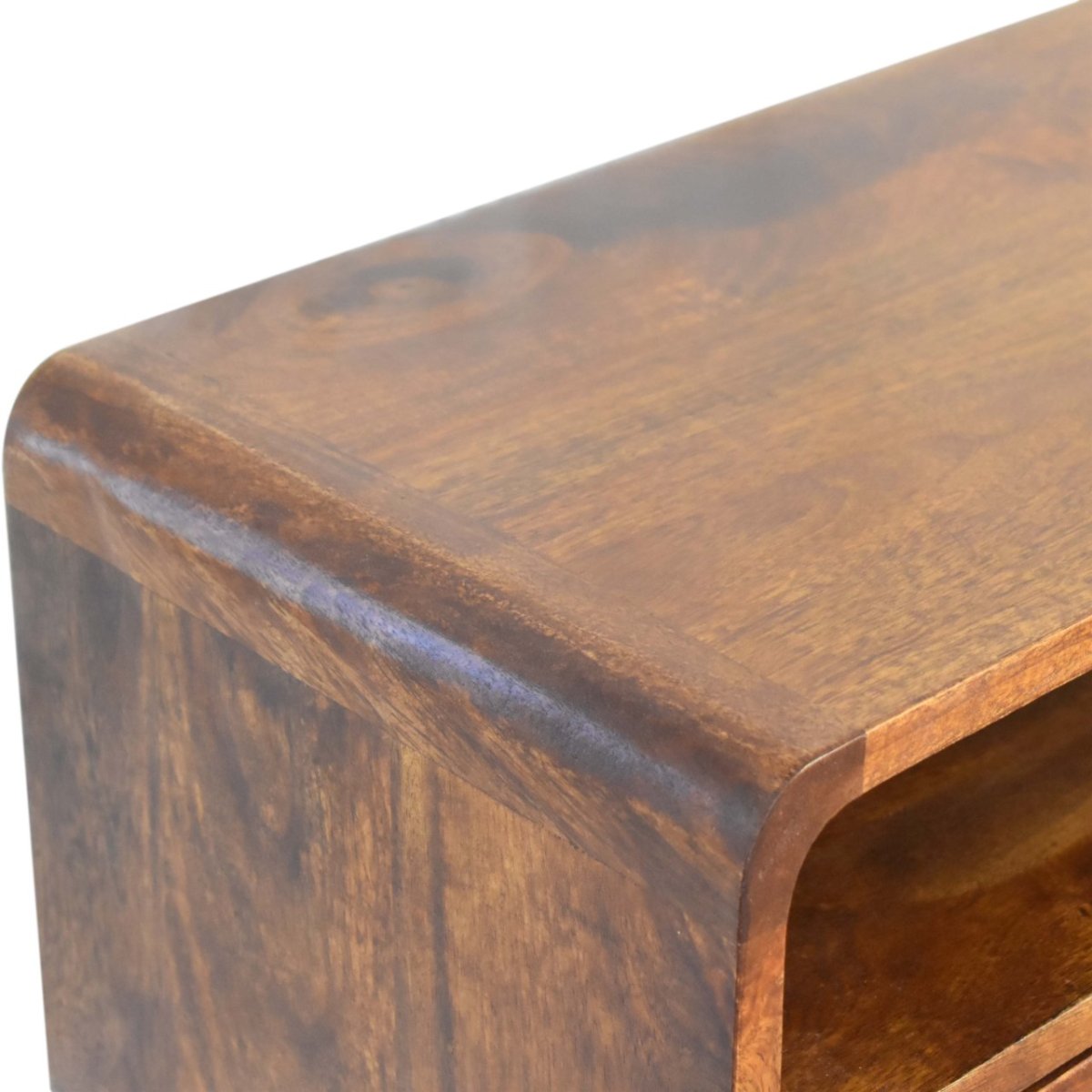 Consolle Mini in Mango Massello Finitura Castagno con 2 Cassetti e Bordi Curvi — Gambe Nordic