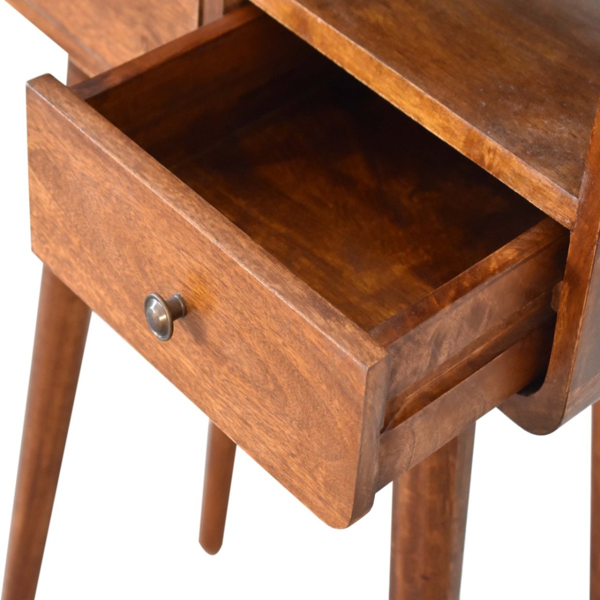 Consolle Mini in Mango Massello Finitura Castagno con 2 Cassetti e Bordi Curvi — Gambe Nordic