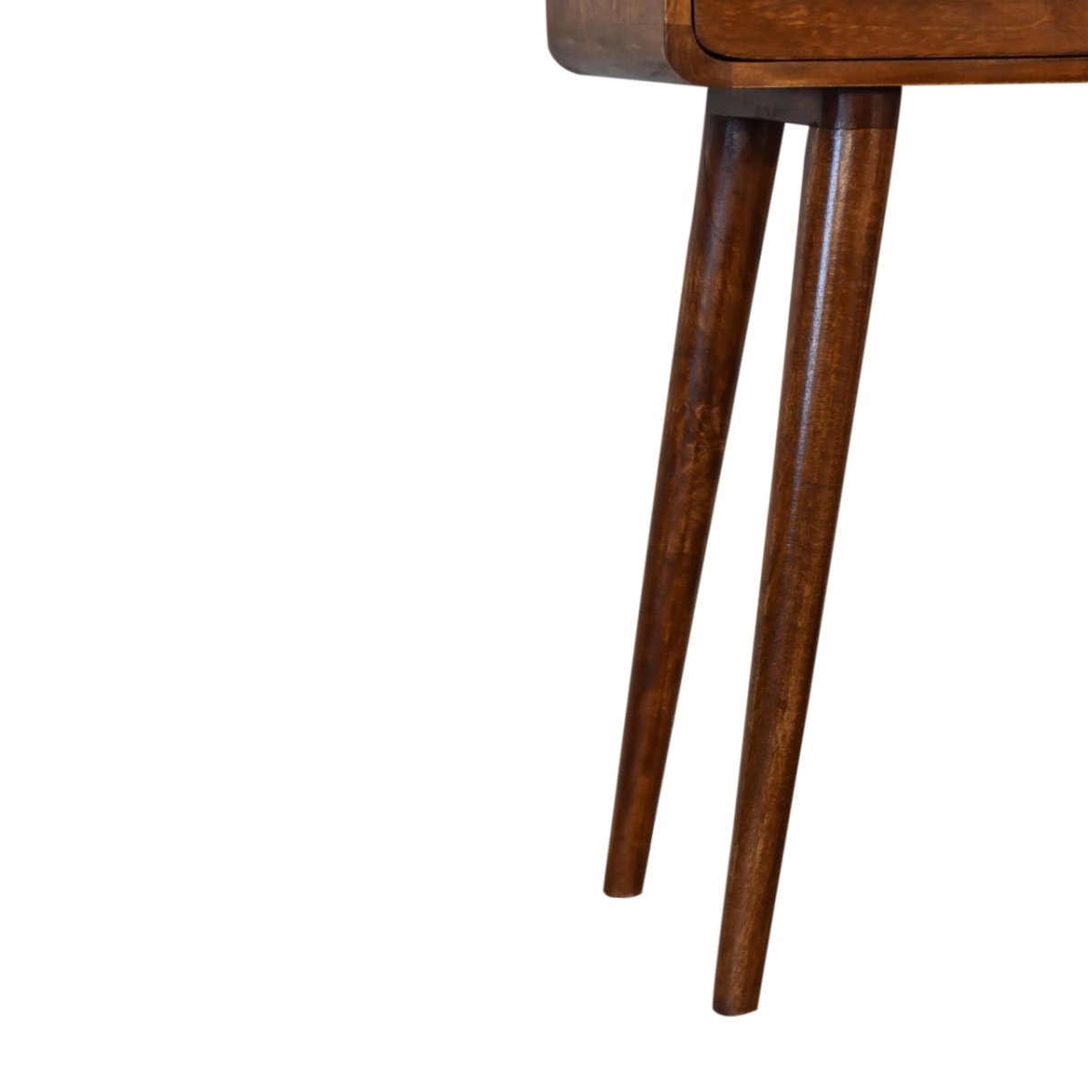 Consolle Mini in Mango Massello Finitura Castagno con 2 Cassetti e Bordi Curvi — Gambe Nordic