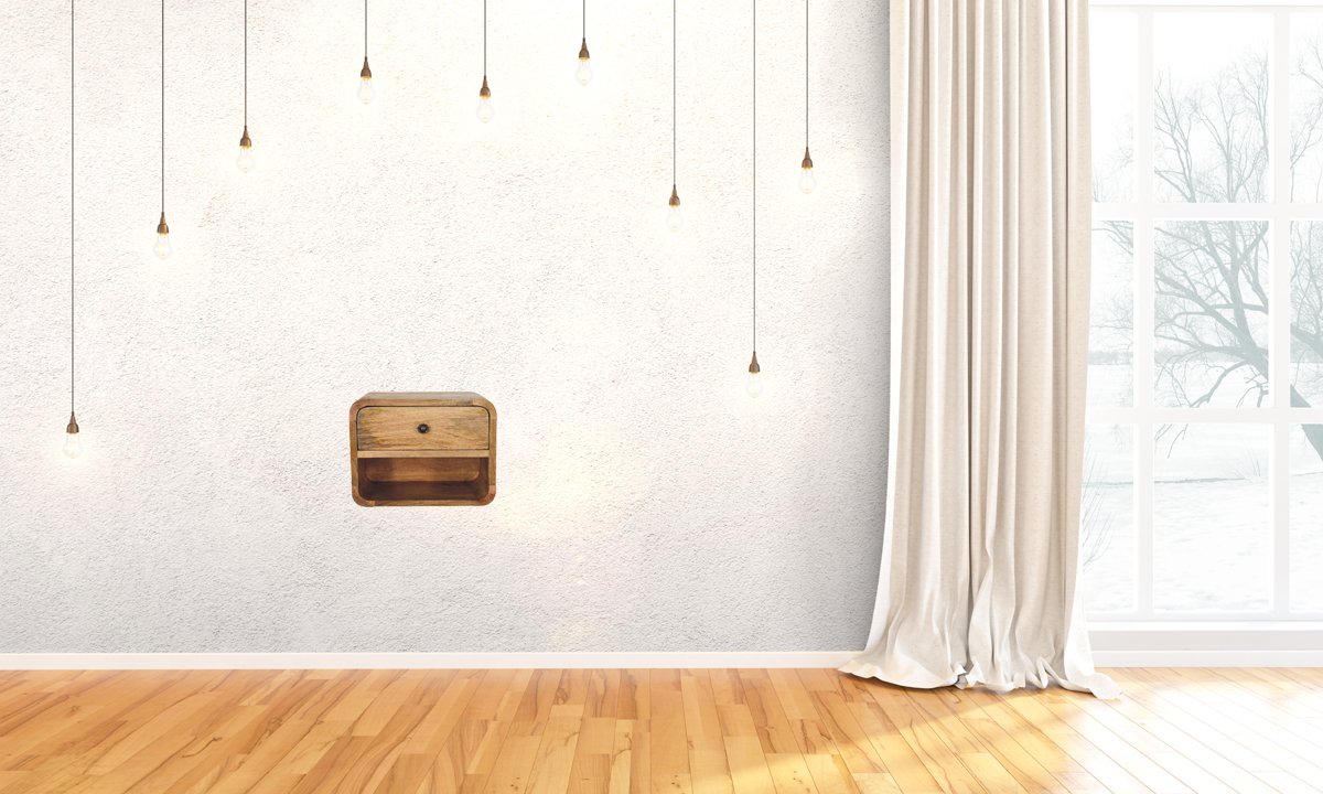 Comodino Sospeso Mini in Mango Massello Oak-ish con Cassetto e Vano Aperto — Linea Curva