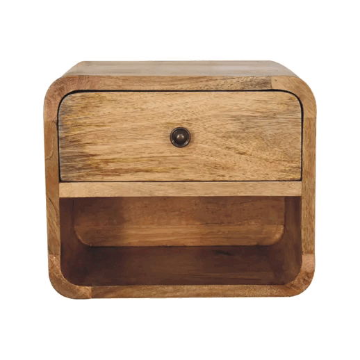 Comodino Sospeso Mini in Mango Massello Oak-ish con Cassetto e Vano Aperto — Linea Curva